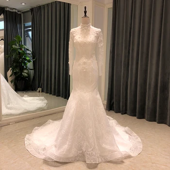 SL-6833 real picture high neck mermaid wedding dress 2021 lace beading long sleeve bridal gowns tulle off white wedding gowns 1