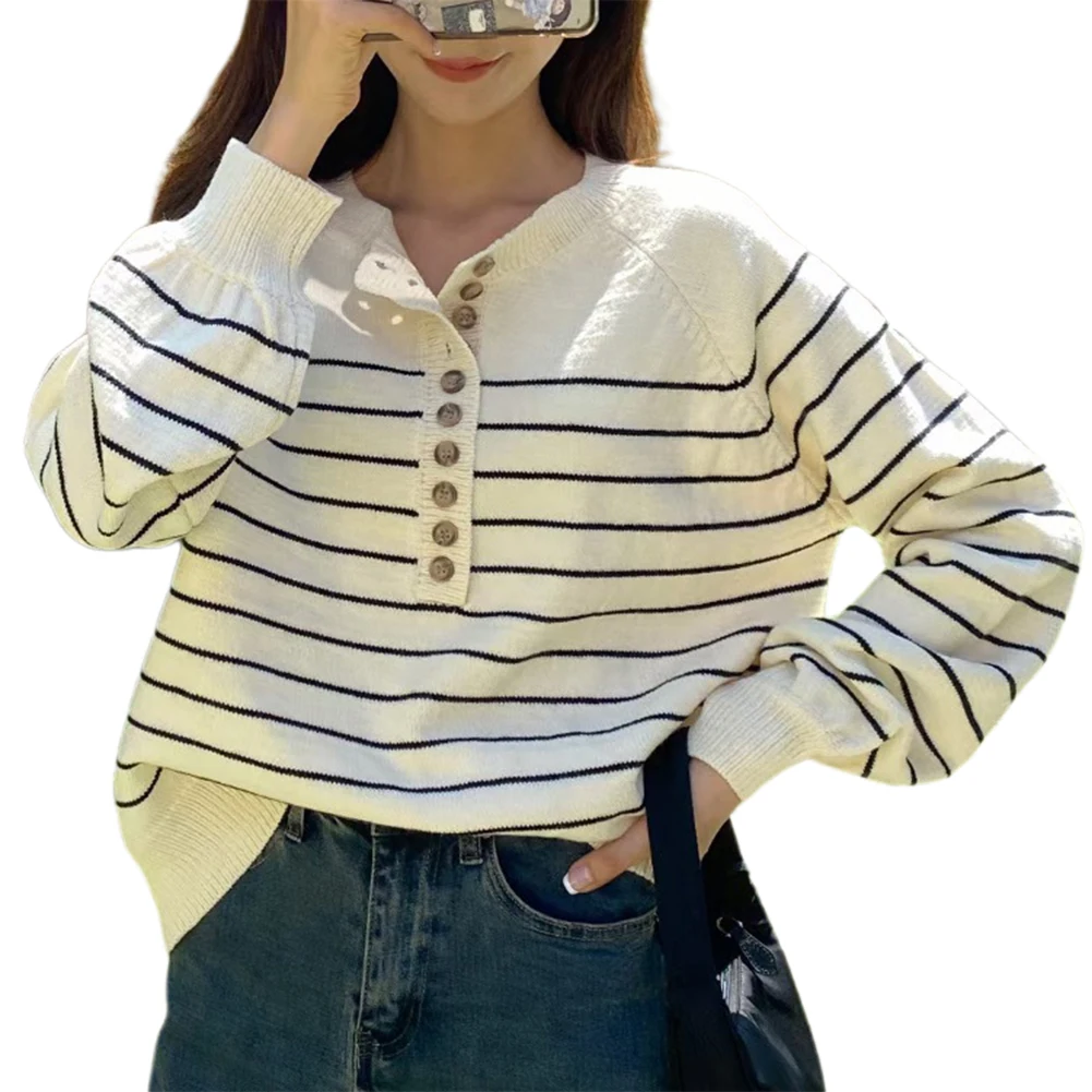 

New Autumn 2020 Fashion Knitted Sweater Women Button Oversize Pullover Sweater Vintage Striped Winter Casual Office Jumper