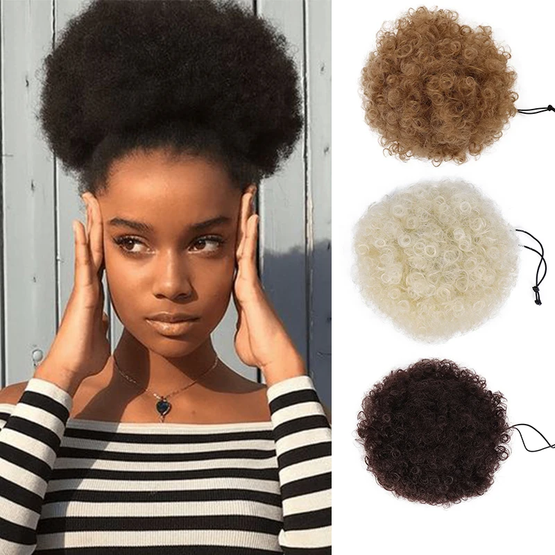 Hairpiece Puff Drawstring Ponytail Afro Bun Chignon Curly Clip-In Kinky High-Hair Synthetic