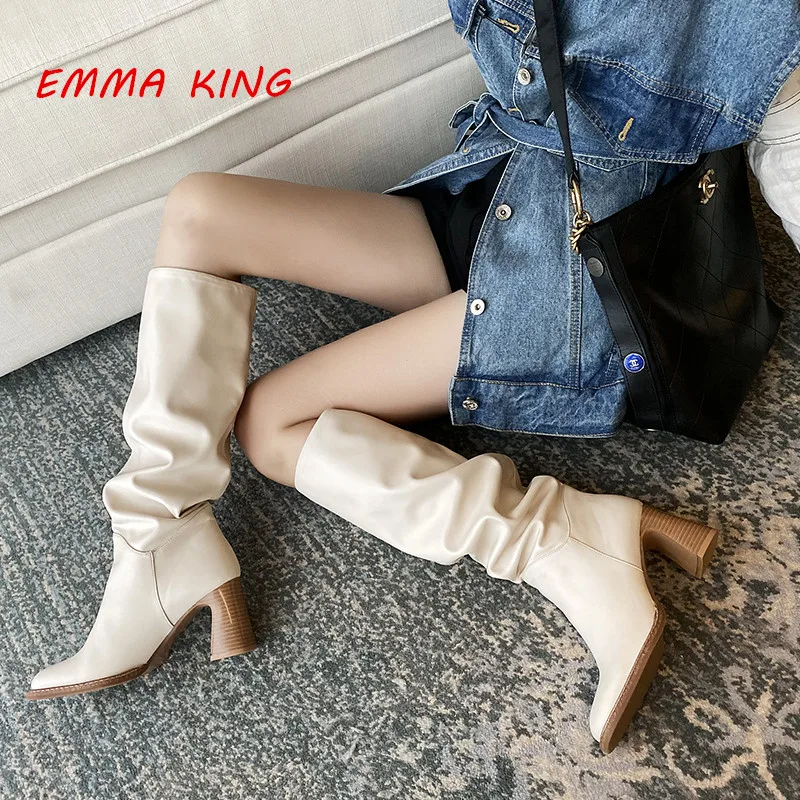 

Stretch Leather Square Toe Strange High Heels Boots Women 2020 Fashion Winter Runaway Slip-On Style Knight Boots Black /White