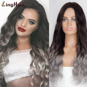 

Ling Hang Ombre Blonde Black Brown Cosplay Lolita Wigs With Bangs Long Wavy Synthetic Hair Wig For Women High Temperature Fiber