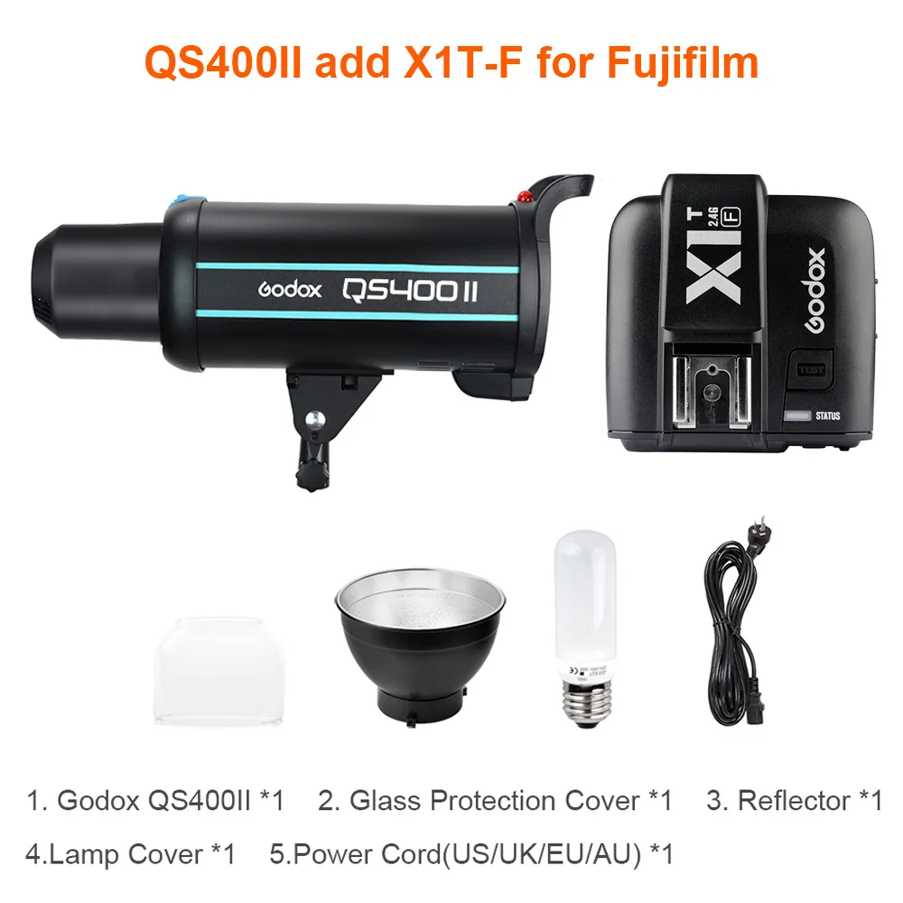 Профессиональный студийный стробоскоп Godox QS400II 400Ws с цветовой температурой 5600K со встроенной беспроводной системой X 2,4G add X1T передатчик - Цвет: add X1T-F for FUJI