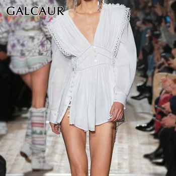 

GALCAUR Patchwork Lace Hollow Out Shirts Women V Neck Lantern Long Sleeve High Waist Ruched Blouses For Female Fashion 2020 New