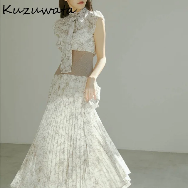 Kuzuwata Japanese Half High Collar Little Flying Sleeve Print Screw Thread Splicing Empire Dresses 2021 Spring Woman Clothing 1