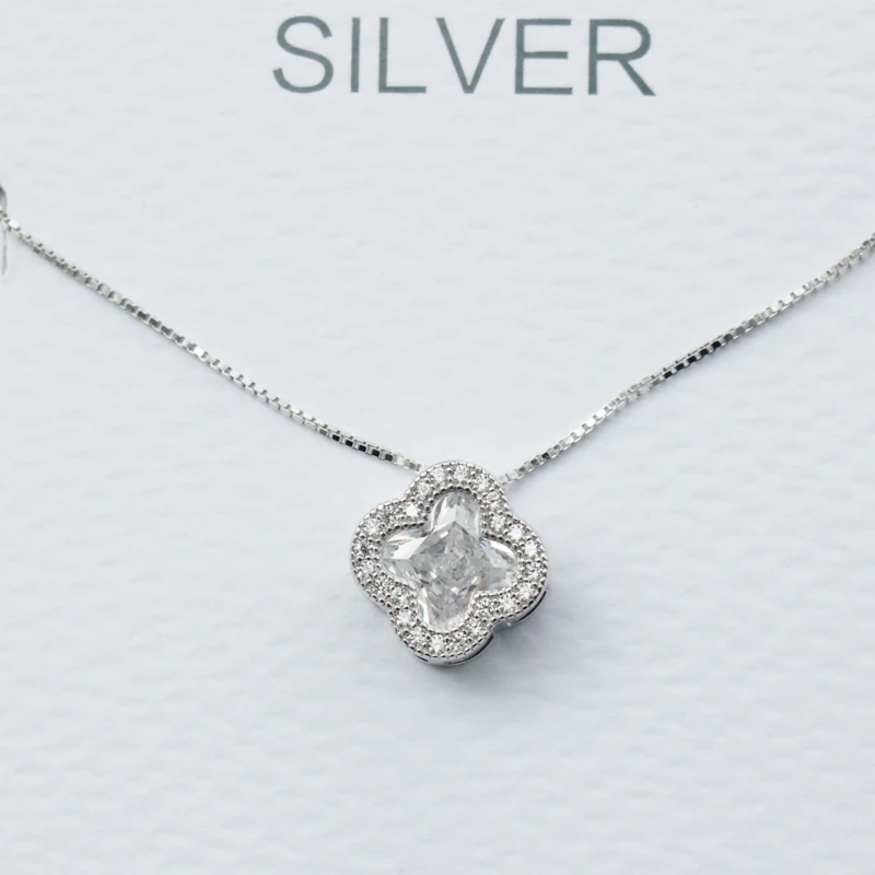 

Real Picture 100% 925 Sterling Silver Four Clover Necklace Silver Women Box Chain Pendant Crystal Necklace Xmas Trendy colar