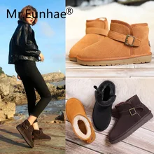 Замшевые женские австралийские зимние ботинки с круглым носком на плоской подошве; теплые плюшевые ботинки на нескользящей резиновой подошве; австралийские ботинки с пряжкой; женская обувь