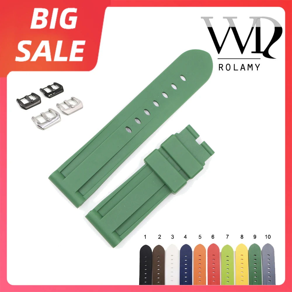 

Rolamy 24mm Top Quality Luxury Pure Color Waterproof Silicone Rubber Replacement Watch Band Strap For Panerai Luminor
