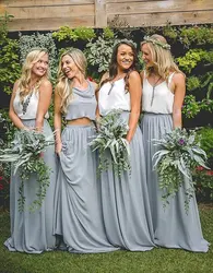 2019 шифоновые дешевые платья подружки невесты из двух частей с v-образным вырезом, длиной до пола, торжественное свадебное платье для гостей