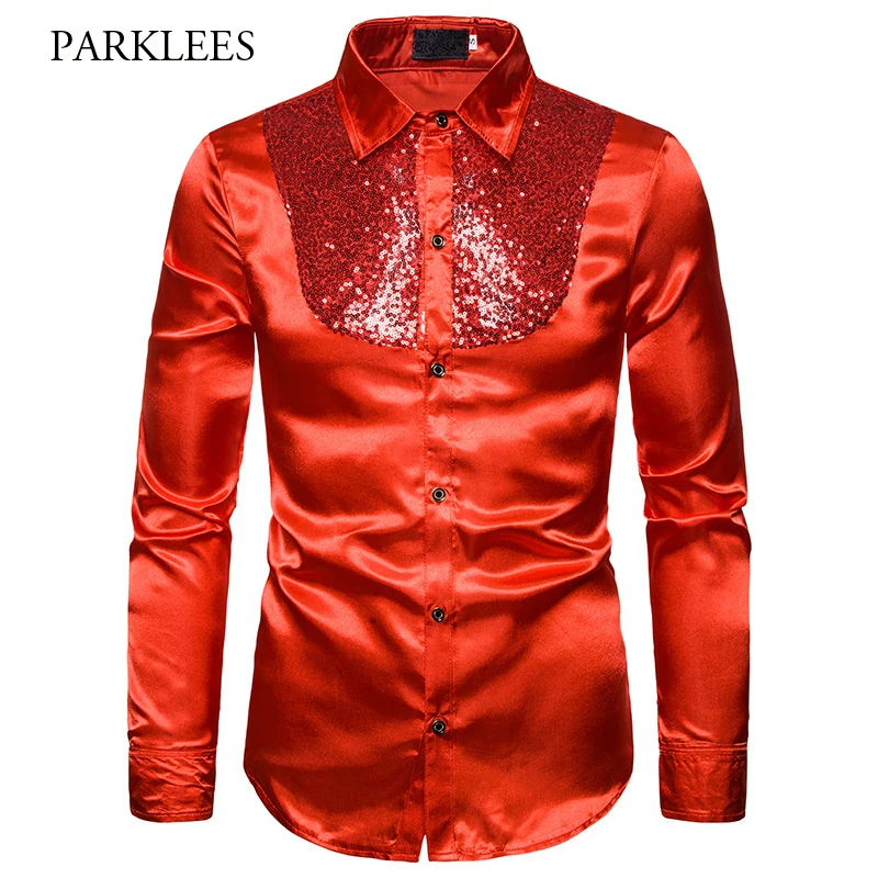 Модная красная шелковая атласная Мужская рубашка, новинка, брендовая блестящая сорочка с блестками, мужские рубашки для ночного клуба, сцены, дискотеки, вечерние рубашки, Camisas Masculina