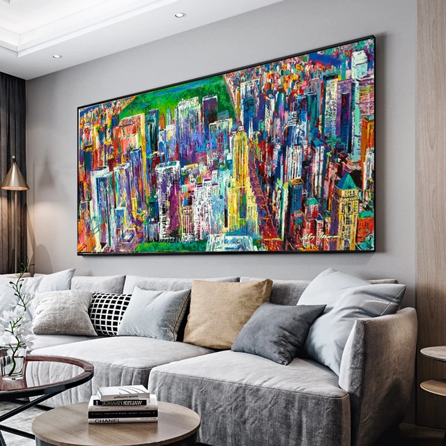 WANGART Large Size abstract city Oil Painting Manhattan Panorama