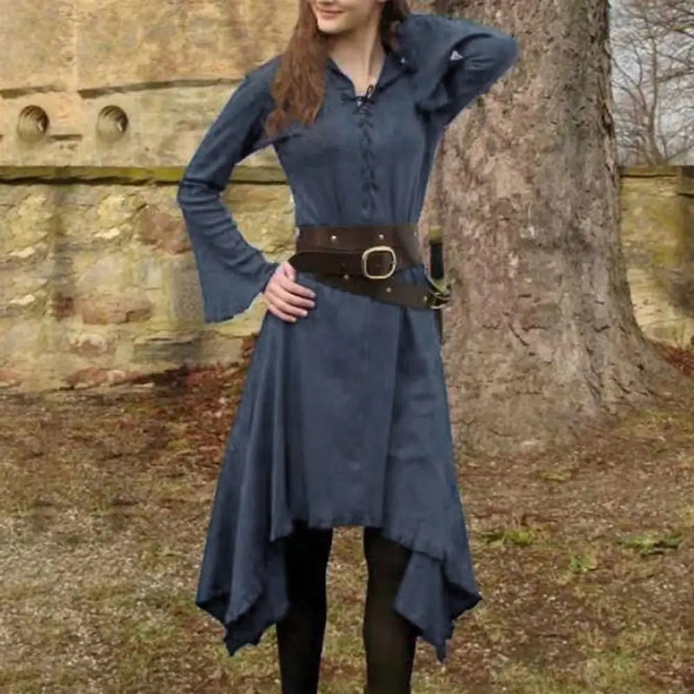 

2019 Plus Size Gothic Style Dress Women's Long Sleeve Lace Up Neck Vintage Hem Dress Female Cosplay Retro Clothes Ladies Robe 3#