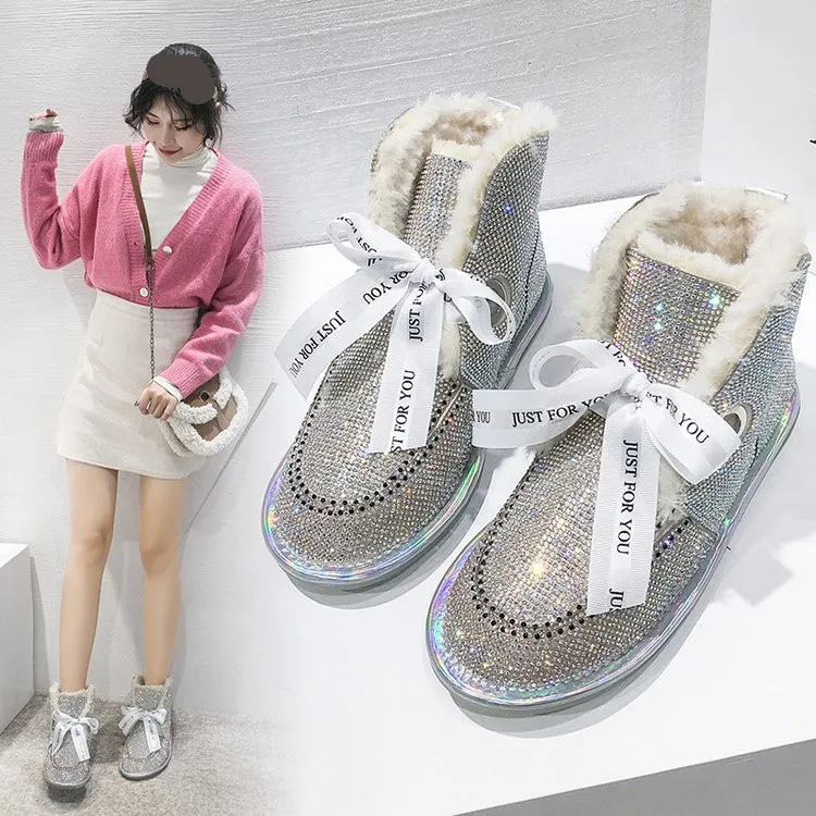 

Brand Women's Shoes Woman Flat Boots Boots-women Australia Round Toe Booties Ladies Lace Up Winter Footwear Crystal Fashion Low