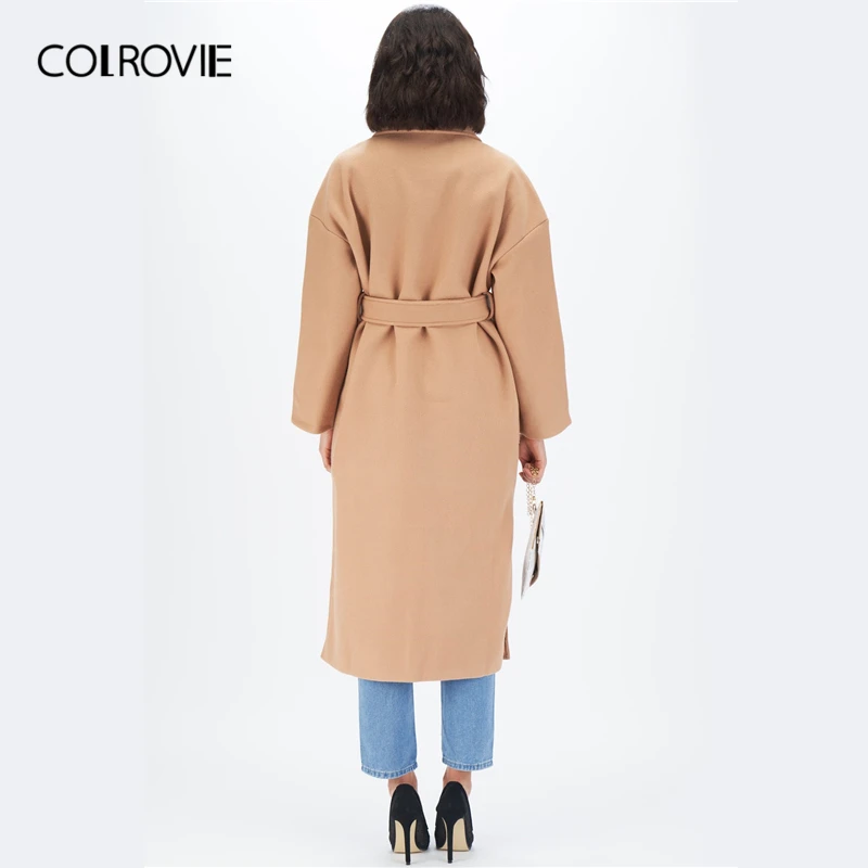 Женское пальто COLROVIE Camel с зубчатым воротником, с разрезом, с поясом,, зимнее, женское, элегантное, одноцветное пальто и куртки, повседневное, длинное пальто