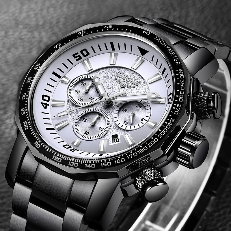 

LIGE Mens Watches Top Brand Luxury Waterproof 24 hour Date Quartz Watch Man Full Steel Sport WristWatch Men Waterproof Clock+Box