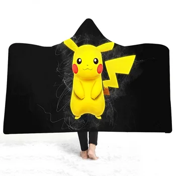 

Pikachu Cartoon Sherpa Fleece Blanket Kids Hooded Throw Blanket Travel Outdoor Couch Cover Custom Gift for Teens Adult