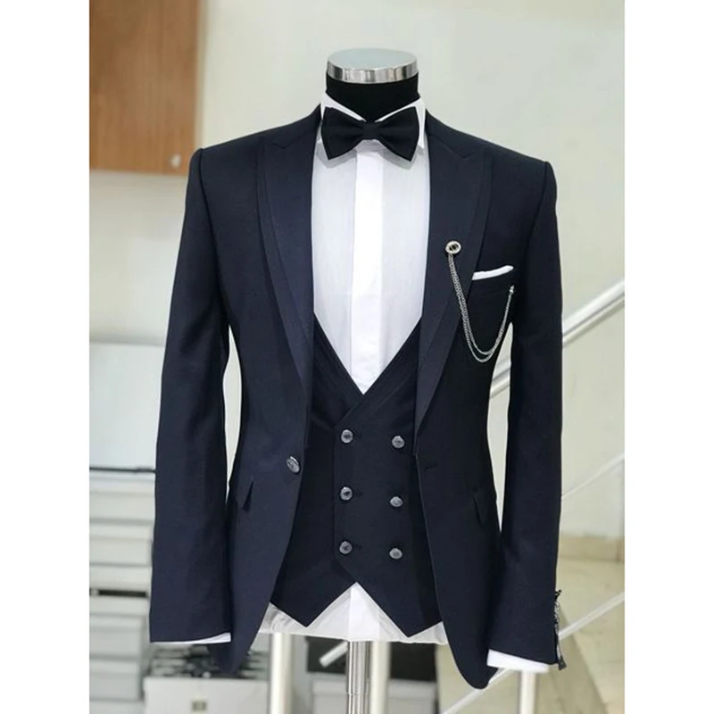 

Costume Homme 3 Pieces Navy Blue Peak Lapel Mens Suit Slim Fit One Button Business Wedding Groom Wear Blazer（Jacket+Vest+Pants））