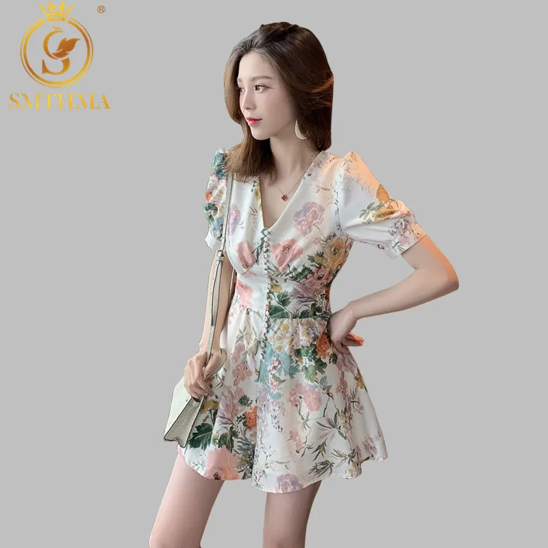 Женское платье с пышным рукавом SMTHMA, модельное дизайнерское летнее платье, винтажное привлекательное платье с V-образным вырезом и принтом