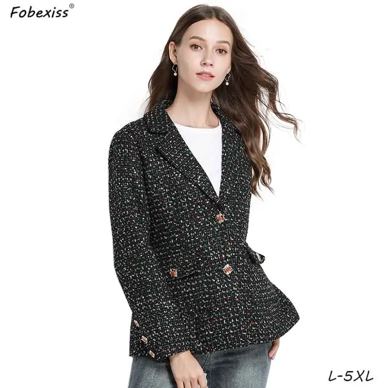Women Tweed Blazers Jacket Vintage Black Plaid Plus Size 5XL Slim Elegant Office Lady Short Coat Autumn Winter Women Blazer