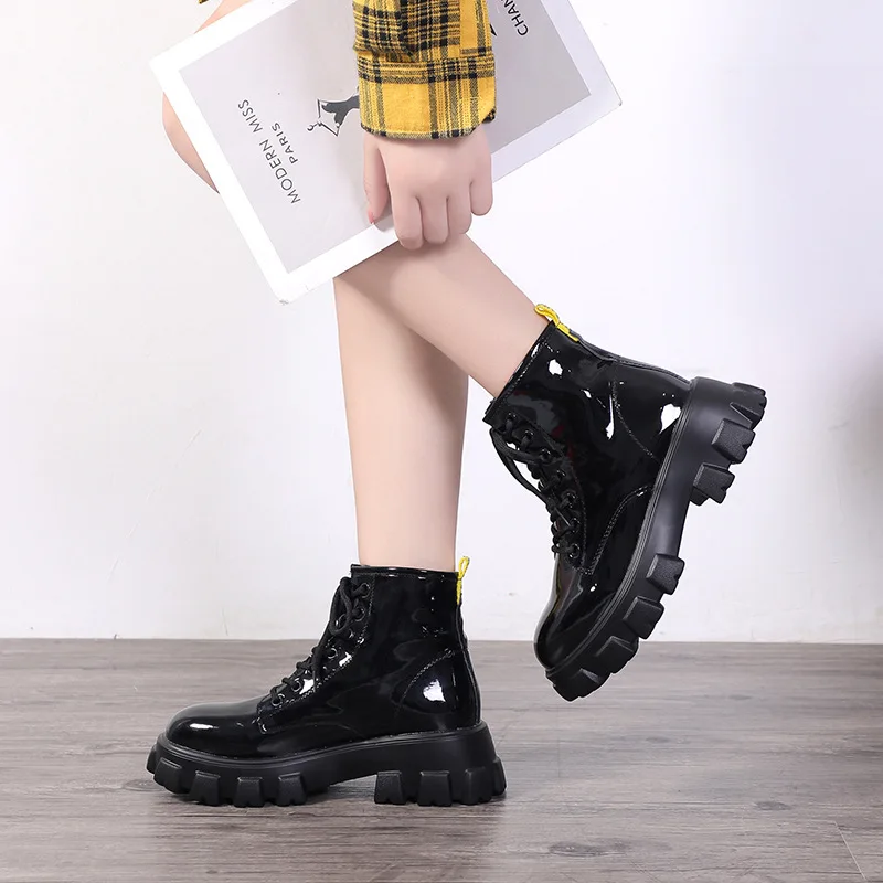 

Ozhouzhan 2019 Autumn And Winter plus Velvet Martin Boots Women's British-Style Lace-up Hight-top Thick Bottomed Bright Skin Pat
