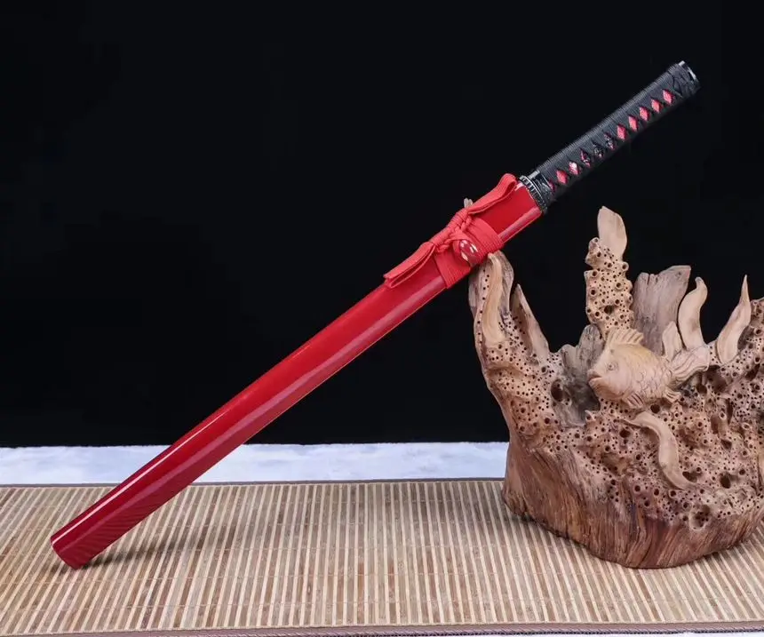 Full Tang Wakizashi Blade KungFu Sword straight Saber Jian manganese steel Blade Red Scabbard