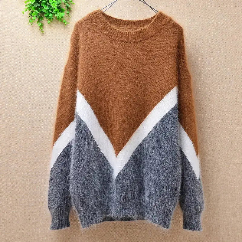 BODY65CM chestcm Модный женский пуловер с длинным рукавом и круглым вырезом, норка с кашемиром, свободный стильный свитер из меха Ангоры и кролика - Цвет: BODY65CM chestcm