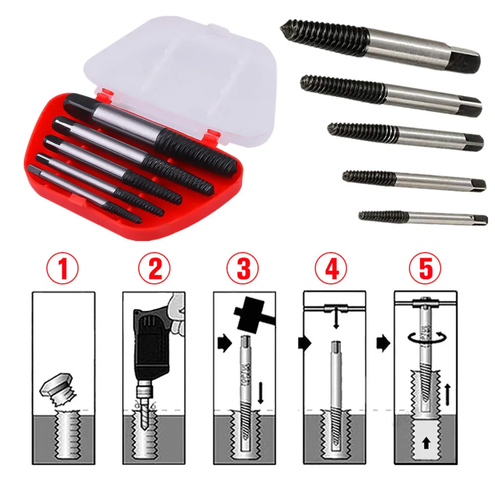 

5Pcs/set Broken Speed Out Damaged Screw Extractor Drill Bit Guide Set Broken Bolt Remover Easy Out Set for car tire screw
