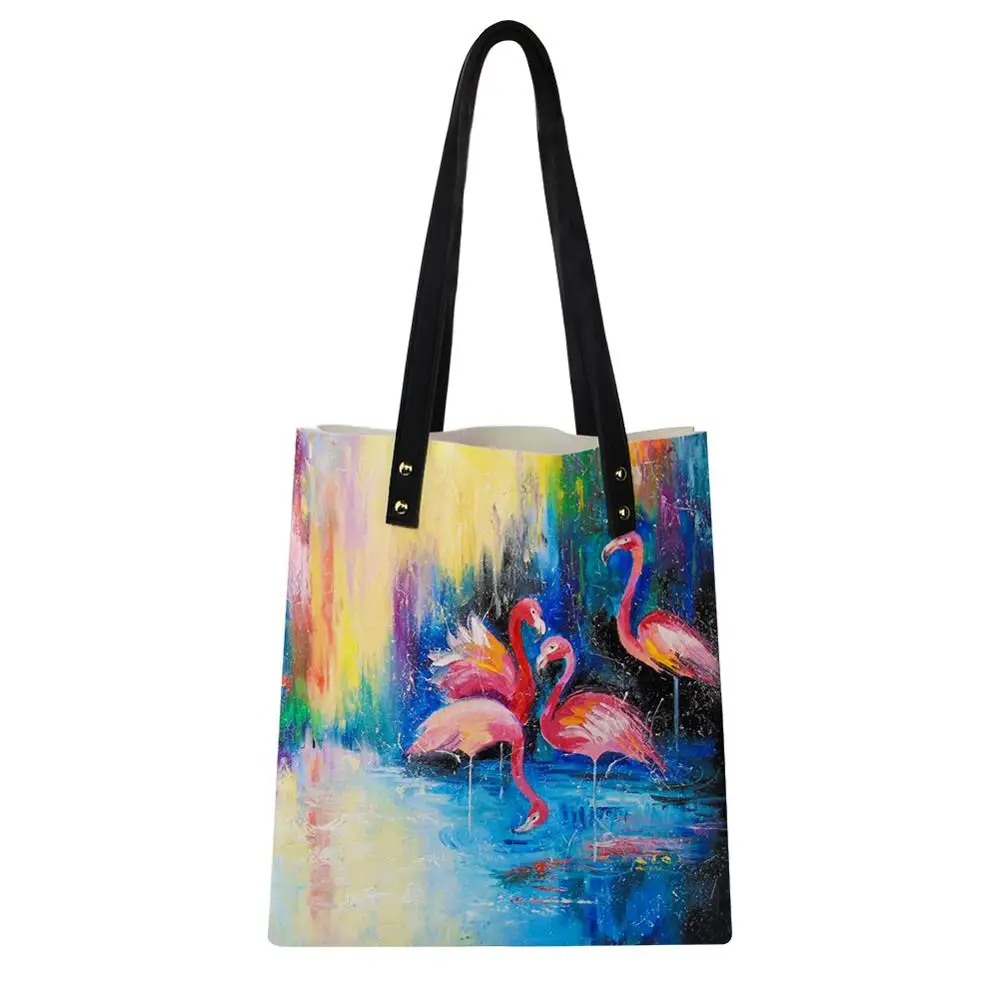 

HaoYun Women Fashion PU Handbags Casual Sunset Flamingos Pattern Girls Shoulder Bags Large Capacity Travel Storage Package Bags