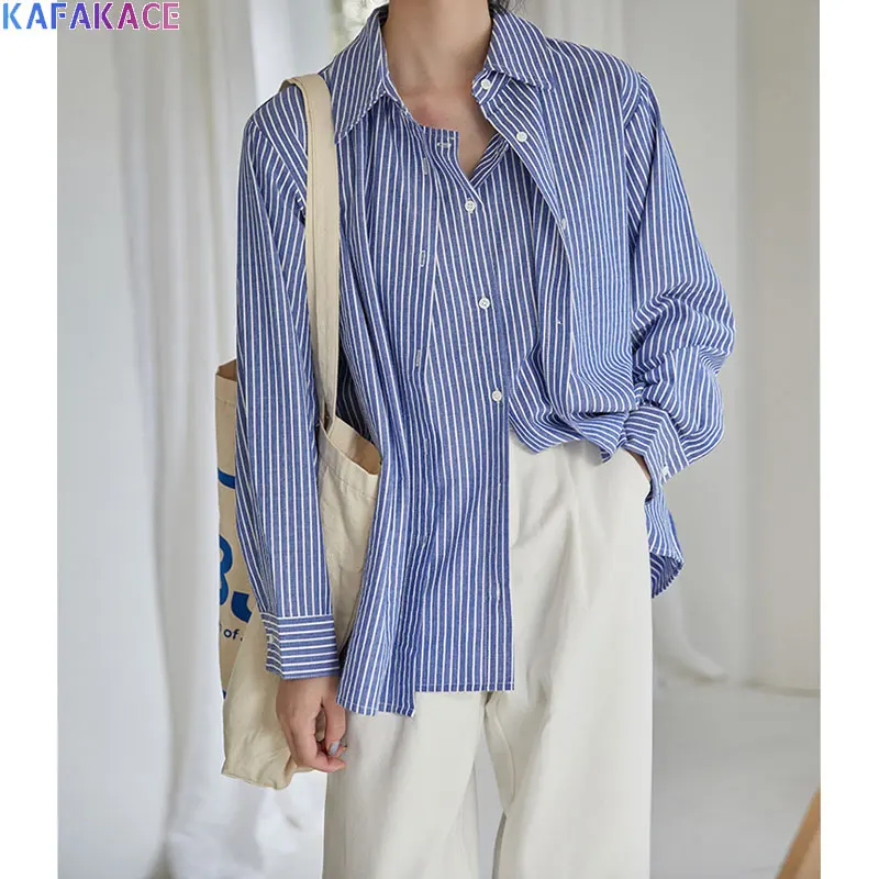 

KAFAKACE 2020 Women Blouse Autumn Blue Fake Two-Piece Loose Striped Print Ladies Tops Style Design Casual Long Sleeve New Shirts