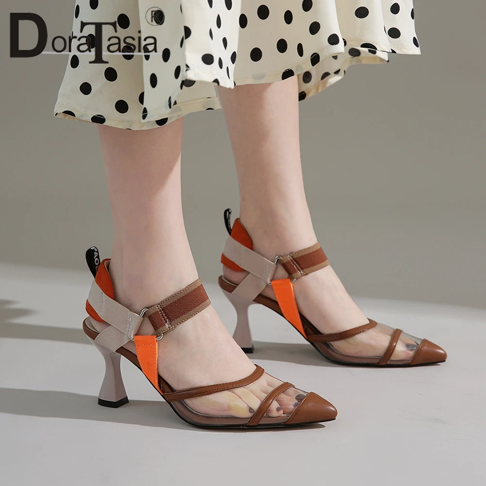

DORATASIA Ladies Brand New All Genuine Leather Sandals Summer Sexy High Heel Sandals Women Pointed Toe Transparent Shoes Woman