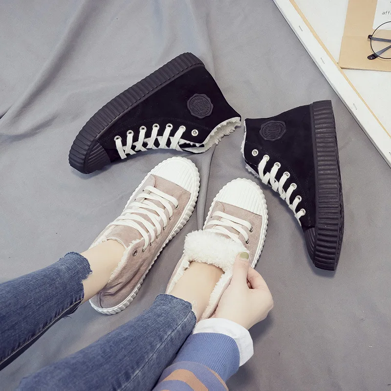 

Plus velvet high-top canvas shoes women 2019 winter tide students warm plus velvet canvas cotton shoes tide flat shoes