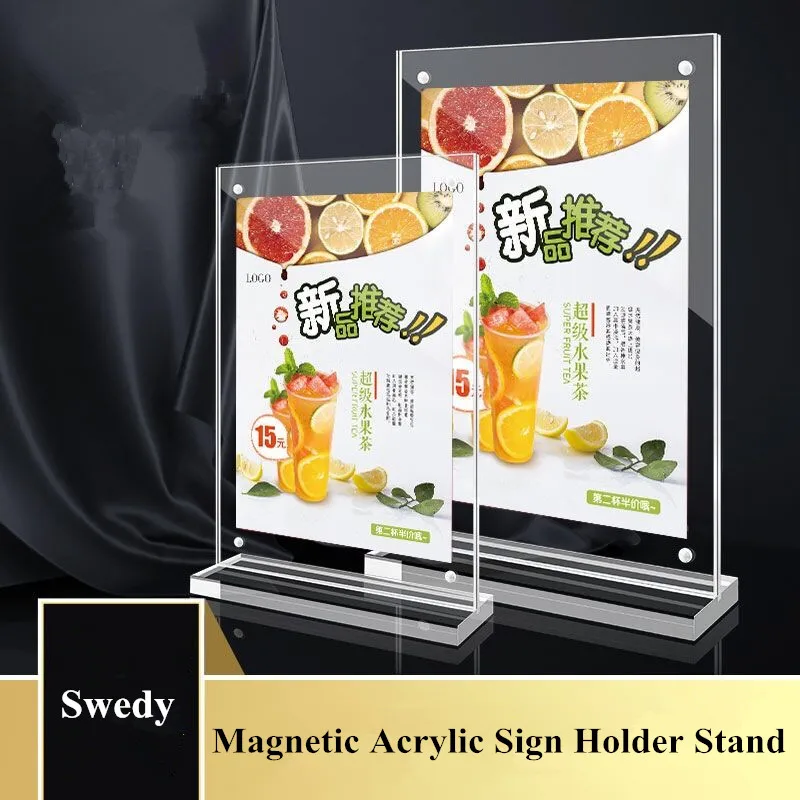 A5 Double-Sided Desktop Magnetic Acrylic Sign Holder Display Stand T-Shaped Restaurants Menu Paper Holder Poster Photo Frame