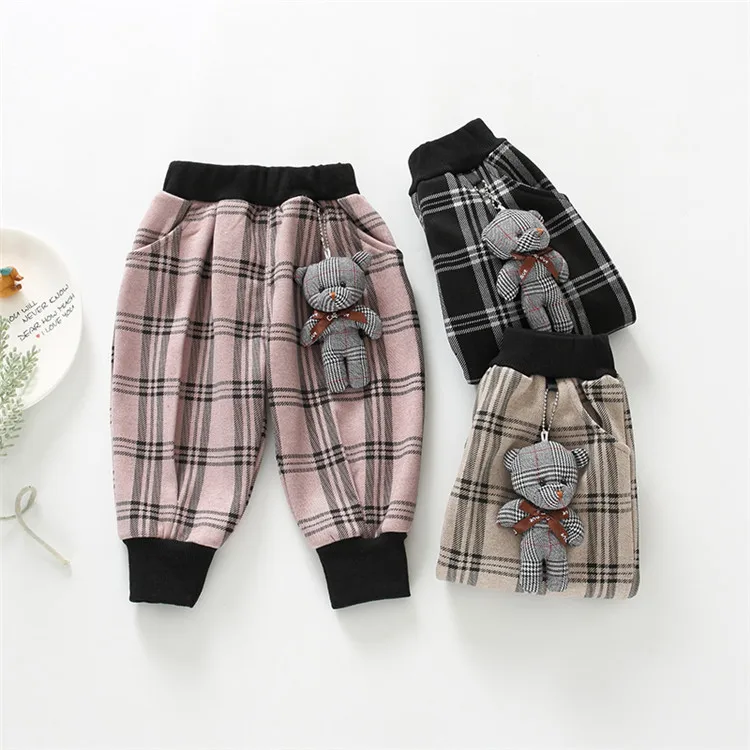 Детские зимние штаны; вельветовые штаны-шаровары в клетку с рисунком медведя для маленьких мальчиков и девочек; детские брюки с резинкой на талии; Детские хлопковые теплые брюки