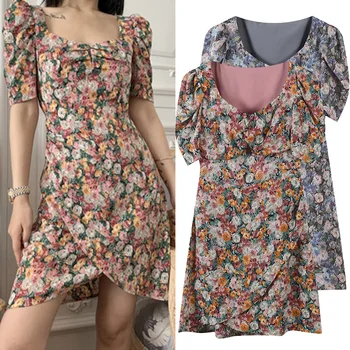 

Women Chiffon Dress Floral Print Mini Summer French Chic Tea Dress Painting Robe Vestidos Spring Beach Party Casual Lady