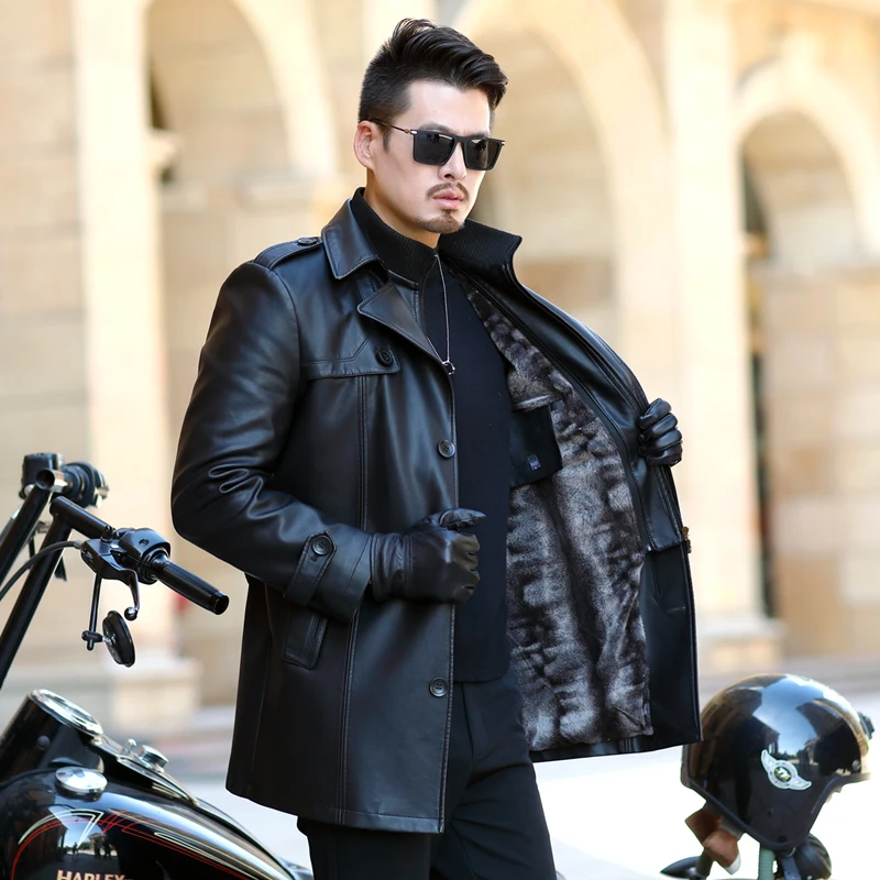 

2019 NEW Leather Jacket Men Coats Youth lapel Brand High Quality PU Outerwear Men Business Winter Faux Fur Male Jacket Fleece