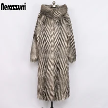 Nerazzurri, Женское зимнее пальто из искусственного меха с большим капюшоном и рукавом реглан, длинная теплая верхняя одежда, мохнатая, размера плюс, мягкое пушистая куртка в полоску 6xl 7xl искусственная шуба женская