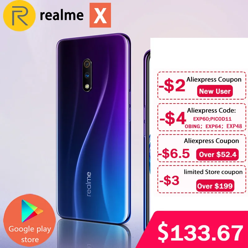 Realme X 4G LTE 4 Гб 64 Восьмиядерный Snapdragon 710 экран 6 53 дюймов 3765 мАч двойная задняя камера