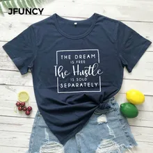 JFUNCY Plus Size Summer Cotton T Shirt Women Short Sleeve Tops Tee The Dream Is Free Letter Print Shirts Casual Women TShirt