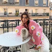 Oversized Chunky Cardigan Women Long Sleeve Bloom Knit 3D Floral Cardigan Coat Loose Winter Warm Cardigan Sweater