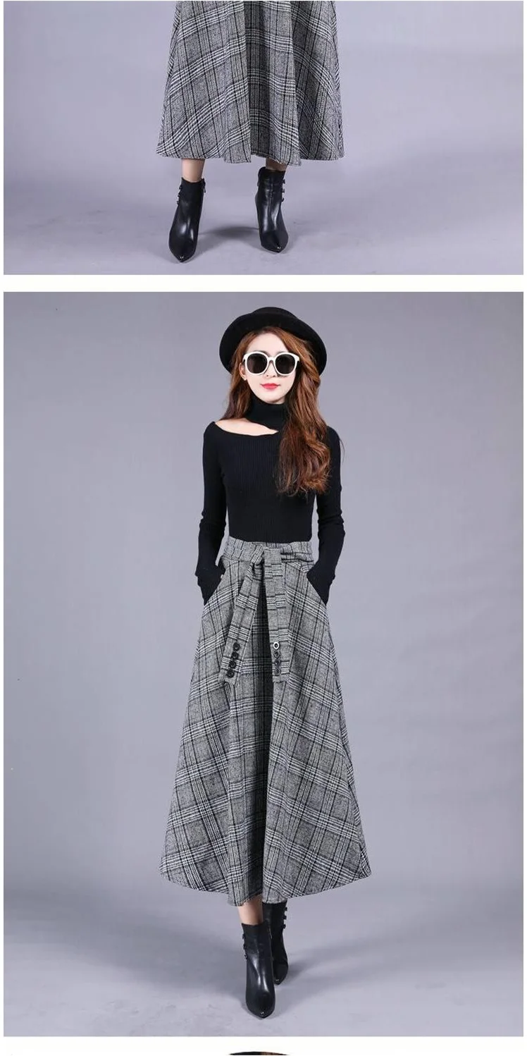 New Autumn Winter Women Fashion Sashes Plaid High Waist Skirt Pleated Sweet Style Woollen Women Skirts AQ687