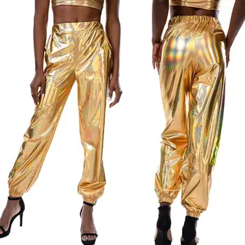 

Women's Ladies Metallic Shiny Jogger Pants Hip-Hop Casual High Waist Holographic Color Harem Pant Hip Hop Trouser