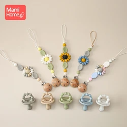 Juego de 2 unids/set de Clips para chupete de bebé, cuentas de flor de Sol de silicona, Clips de madera para chupete, cadena de dentición segura, juguete, regalos para bebé, accesorios