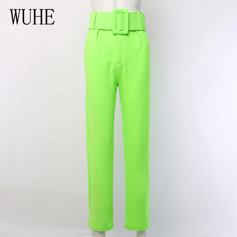 WUHE осенние однотонные элегантные женские с высокой талией внахлест женские деловые длинные брюки уличные хипстеры повседневные брюки с поясом - Цвет: Зеленый