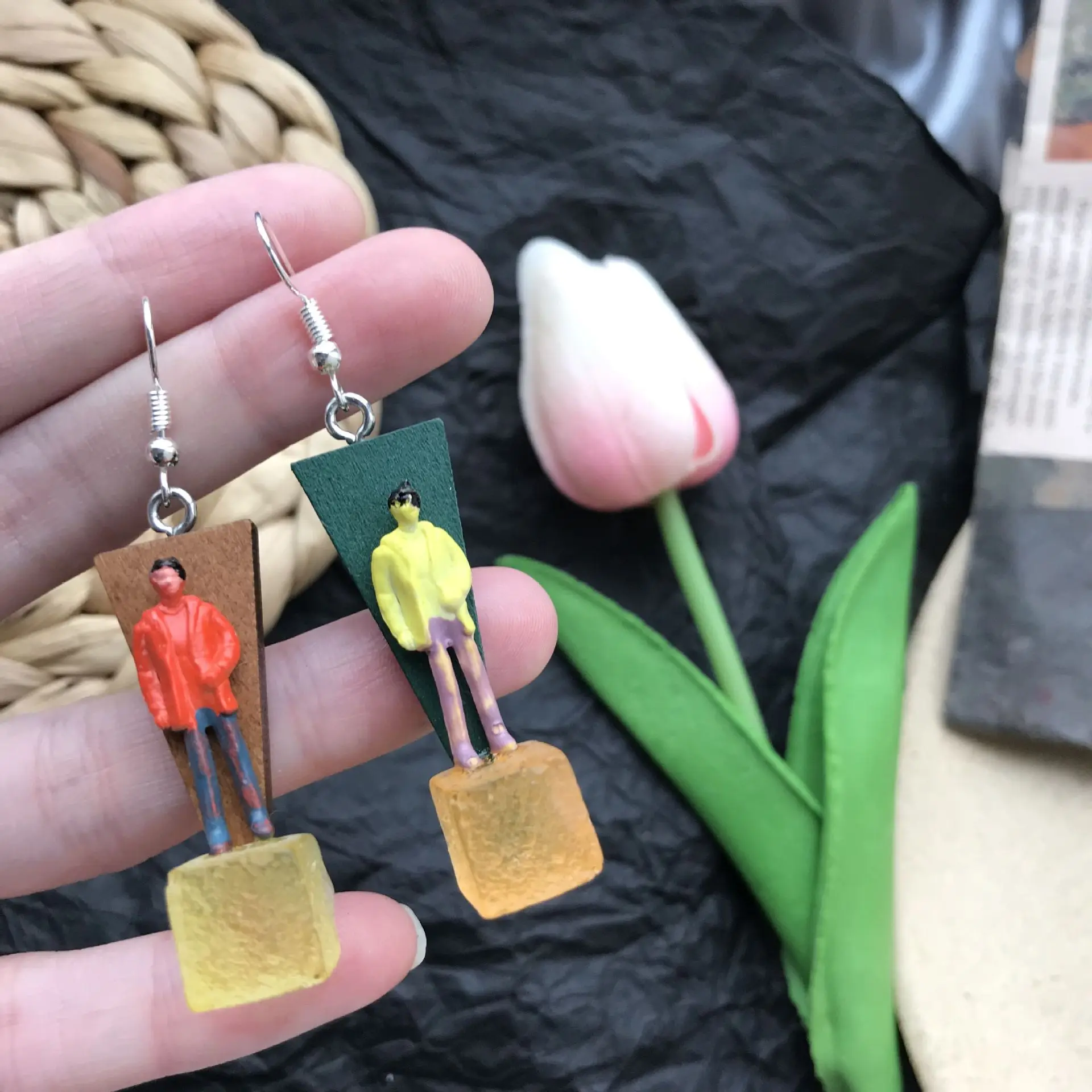 ZiccoWong Funny Cute Transparent Candy Drop Earring Wooden Little Man