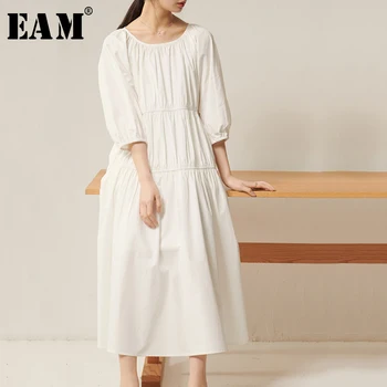 

[EAM] Women White Temperament Long Dress New Round Neck Half Lantern Sleeve Loose Fit Fashion Tide Spring Autumn 2020 1S737
