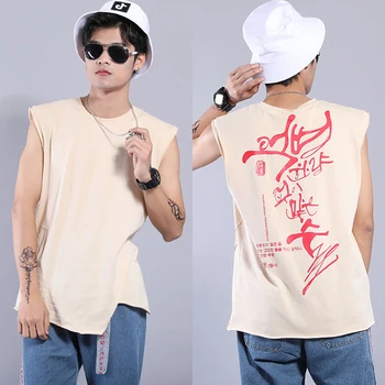 

Summer Men Hip Hop Letters Print Sleeveless Tees Fashion White Apricot Gym Tank Tops Boy Streetwear O-Neck Loose Workout Tops
