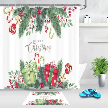 

Shower Curtain for Bathroom Christmas Candy Cane Gift Pine Fir Twigs Print Curtains Decoration Waterproof Polyester Bath Curtain