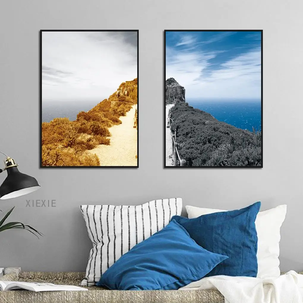 

Nordic Landscape Decoration Wall Art Seaside Mountain Road Colorful Yellow Blue Canvas Decorative Painting for House No Frame