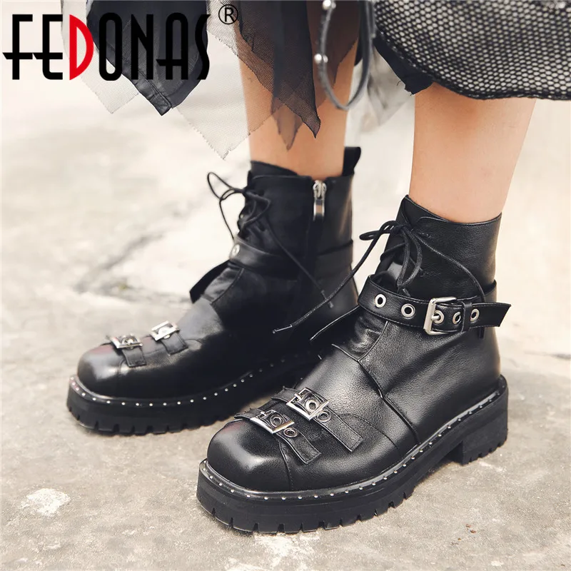 

FEDONAS Newest Genuine Leather Women Cross Tied Ankle Boots Night Club Shoes Woman Metal Buckle Motorcycle Boots High Heels