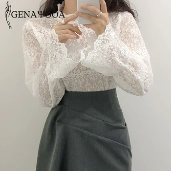 

Genayooa Elegant Lace T Shirt Women Long Sleeve Korean Shirt Ladies Office Thought Out Tee Tops Female Blouse Shirt 2020 Summer
