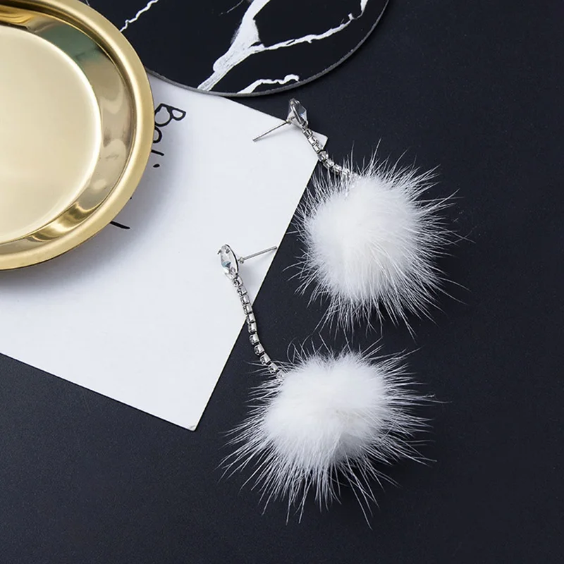 

Cute Rabbit Fur Ball PomPom Long Tassel Earrings Crystal Chain Women Girls Temperament Dangle Earring Jewelry